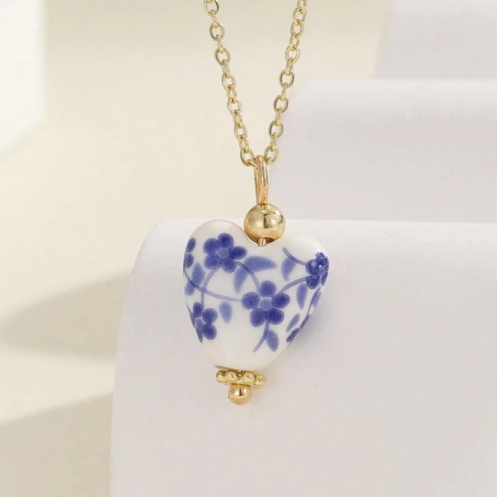 Gold and Blue Floral Heart Pendant Necklace